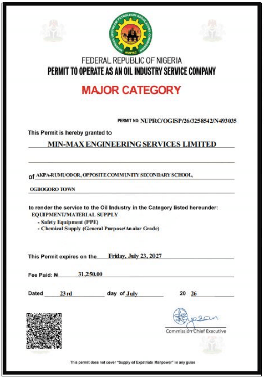 NUPRC Petroleum Industry Permit (Schedule 1)